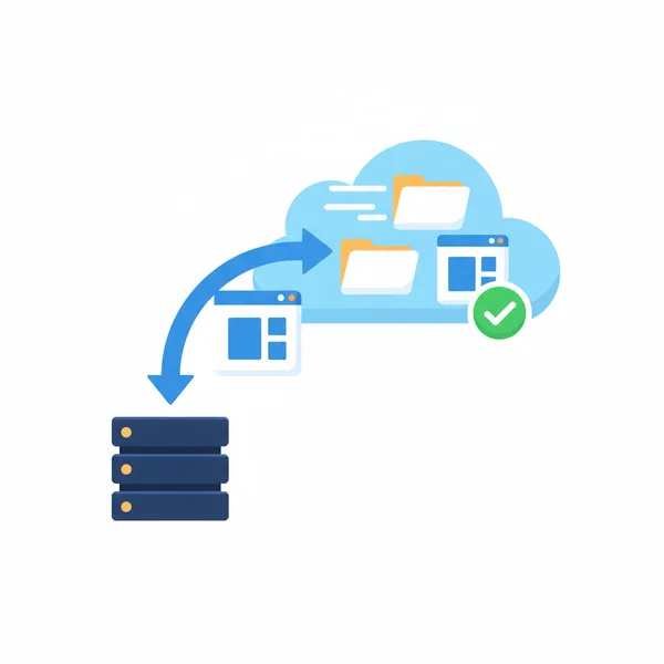 Illustration of data and applications moving from on-premises servers up to the cloud in stages