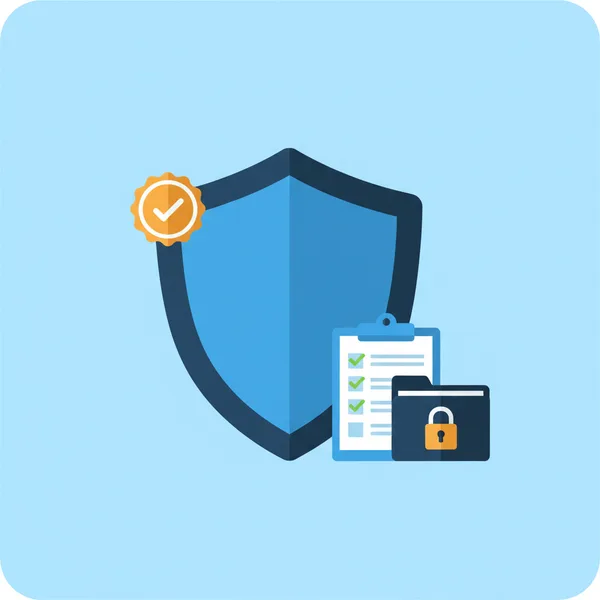 Illustration of a security shield with a certification badge and checklist