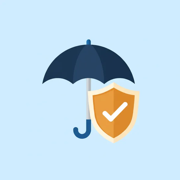 Illustration of a security shield under a protective umbrella with a checkmark