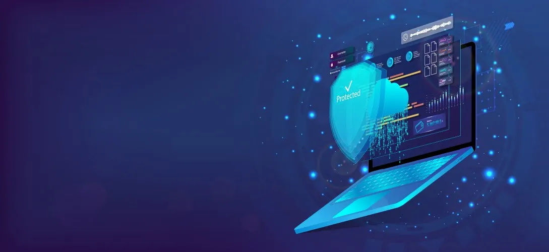 Cybersecurity shield protecting laptop illustration for cloud backup data protection